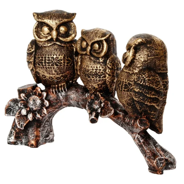 Eunoia Crafts 3 Owl Sitting on Branch Antique Finish Handcrafted Polyresin Decorative Showpiece