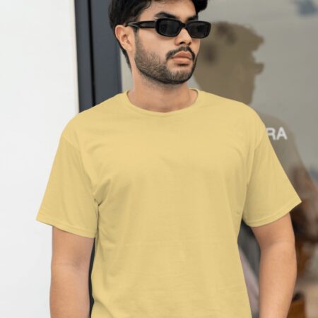 Men Solid Round Neck Pure Cotton Beige T-Shirt